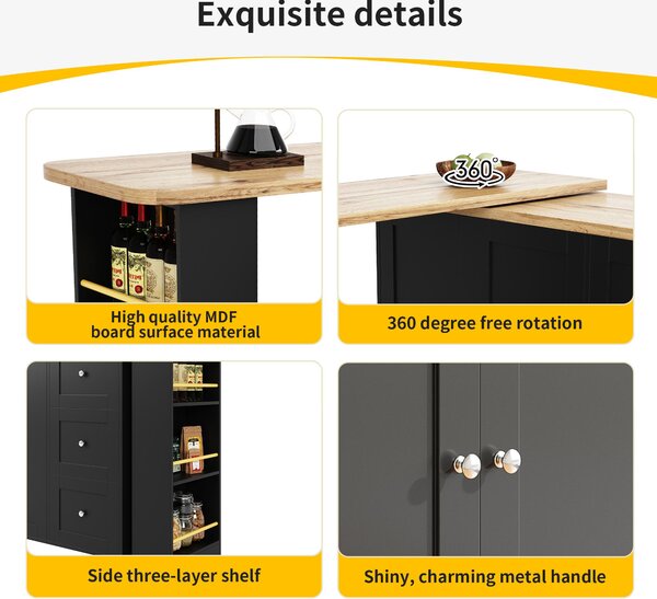 Kitchen Island with Snack Rack & Three Drawers, 360° Swivel Dining Table with Castors, 209L x 39W x 104H cm, Black Aosom UK