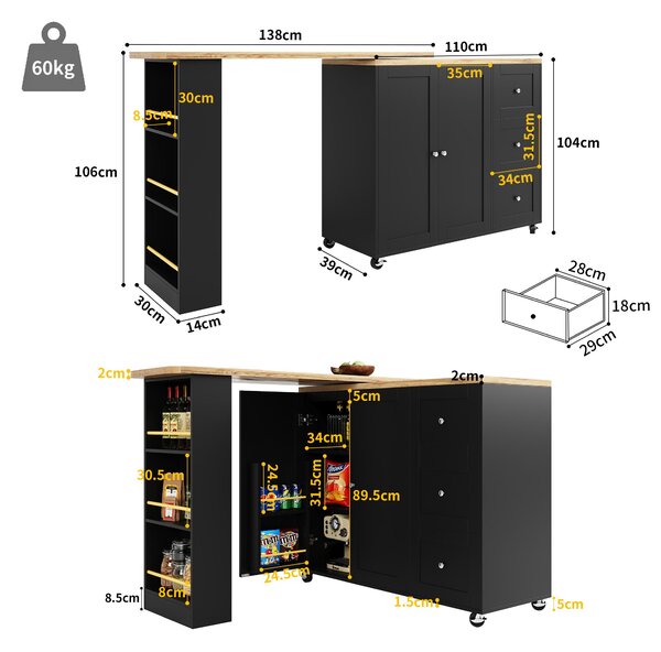 Kitchen Island with Snack Rack & Three Drawers, 360° Swivel Dining Table with Castors, 209L x 39W x 104H cm, Black Aosom UK