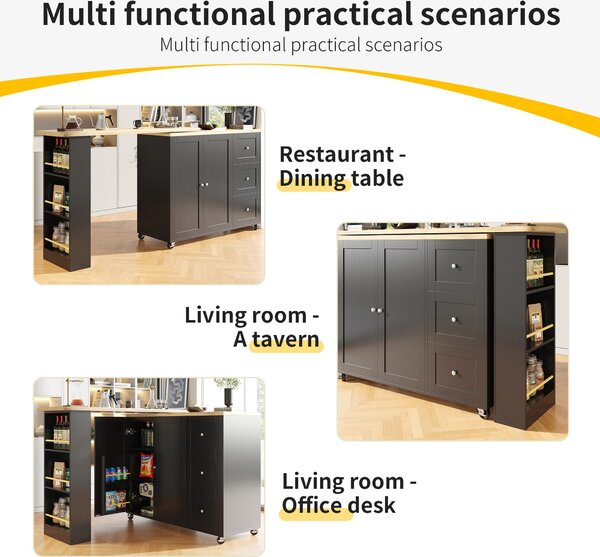 Kitchen Island with Snack Rack & Three Drawers, 360° Swivel Dining Table with Castors, 209L x 39W x 104H cm, Black Aosom UK