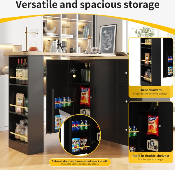 Kitchen Island with Snack Rack & Three Drawers, 360° Swivel Dining Table with Castors, 209L x 39W x 104H cm, Black Aosom UK