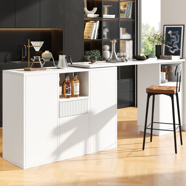 Marble-Effect Bar Table, 360° Swivel Kitchen Island with Slim Storage, Breakfast Bar for Kitchen/Living Room, 198.5x30x72.5 cm, White Aosom UK