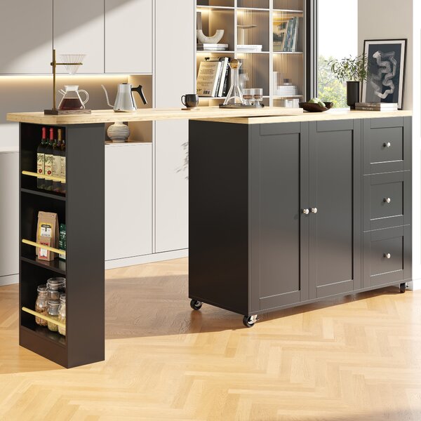 Kitchen Island with Snack Rack & Three Drawers, 360° Swivel Dining Table with Castors, 209L x 39W x 104H cm, Black Aosom UK