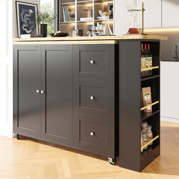 Kitchen Island with Snack Rack & Three Drawers, 360° Swivel Dining Table with Castors, 209L x 39W x 104H cm, Black Aosom UK