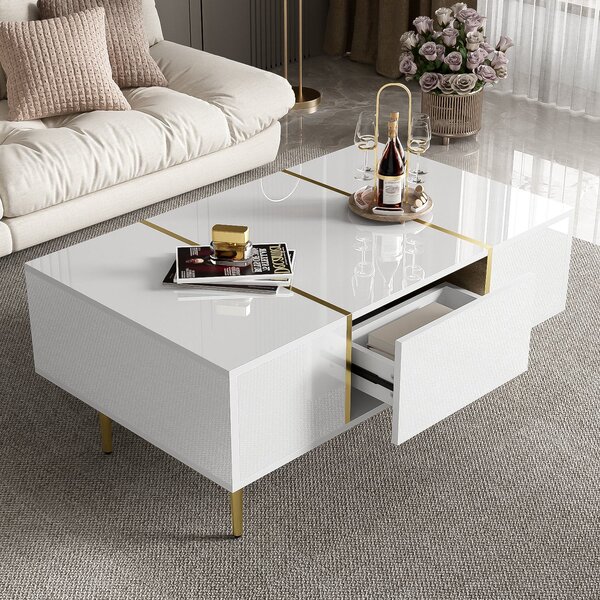 Morden Coffee Table with 2 Drawers, Easy Cleaning, Practical Storage, High-gloss Sofa Table for Living Room, 100L x 60W x 41.5H cm, White Aosom UK
