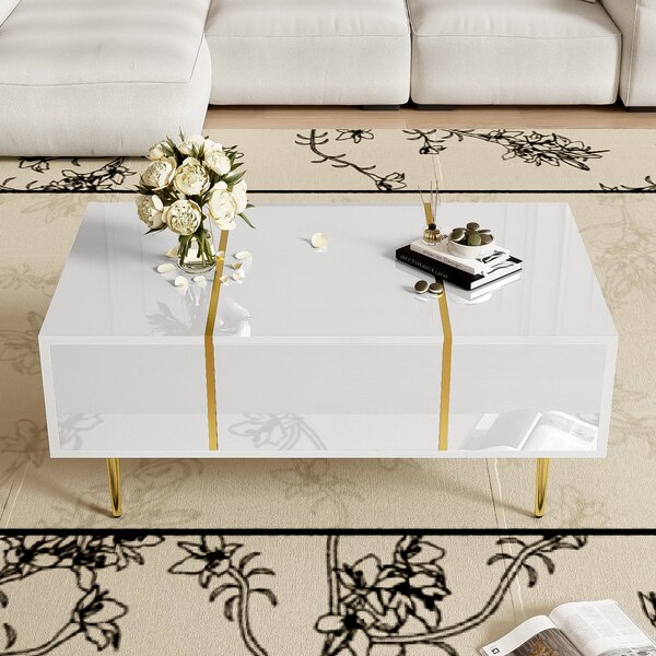 Morden Coffee Table with 2 Drawers, Easy Cleaning, Practical Storage, High-gloss Sofa Table for Living Room, 100L x 60W x 41.5H cm, White Aosom UK