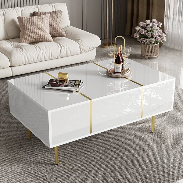 Morden Coffee Table with 2 Drawers, Easy Cleaning, Practical Storage, High-gloss Sofa Table for Living Room, 100L x 60W x 41.5H cm, White Aosom UK