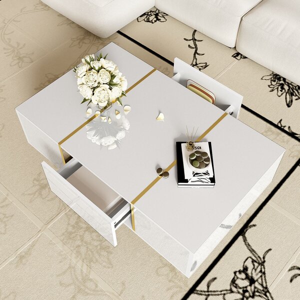 Morden Coffee Table with 2 Drawers, Easy Cleaning, Practical Storage, High-gloss Sofa Table for Living Room, 100L x 60W x 41.5H cm, White Aosom UK