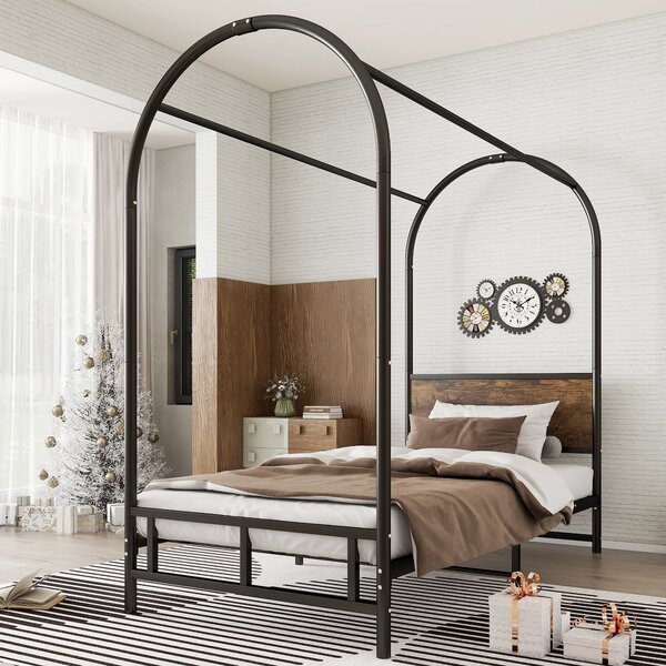 Canopy Bed Frame with Durable Iron and MDF Construction, Wooden Headboard, Easy Installation, Versatile for Various Bedroom Styles, Black Aosom UK