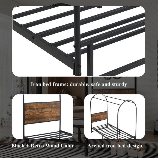 Canopy Bed Frame with Durable Iron and MDF Construction, Wooden Headboard, Easy Installation, Versatile for Various Bedroom Styles, Black Aosom UK