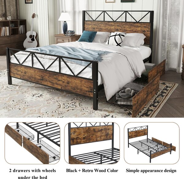 Minimalist Metal Double Bed with 2 Drawers, Sturdy Iron and MDF Frame, Storage Bed for Adults, Teenagers, 198L x 137W x 116H cm, Black+wood Aosom UK