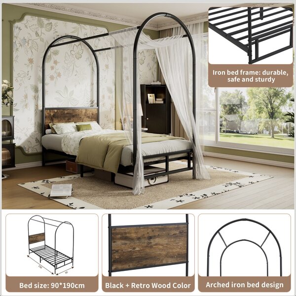 Canopy Bed Frame with Durable Iron and MDF Construction, Wooden Headboard, Easy Installation, Versatile for Various Bedroom Styles, Black Aosom UK