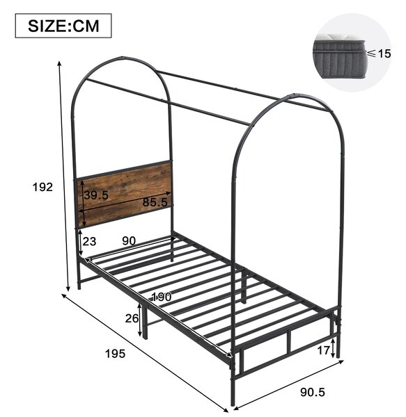 Canopy Bed Frame with Durable Iron and MDF Construction, Wooden Headboard, Easy Installation, Versatile for Various Bedroom Styles, Black Aosom UK
