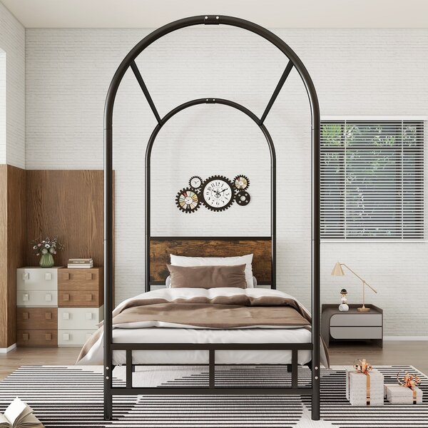 Canopy Bed Frame with Durable Iron and MDF Construction, Wooden Headboard, Easy Installation, Versatile for Various Bedroom Styles, Black Aosom UK