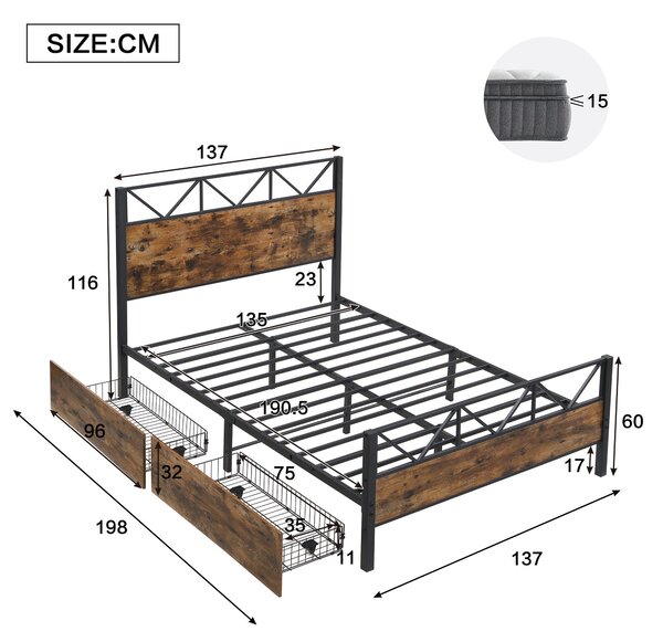 Minimalist Metal Double Bed with 2 Drawers, Sturdy Iron and MDF Frame, Storage Bed for Adults, Teenagers, 198L x 137W x 116H cm, Black+wood Aosom UK