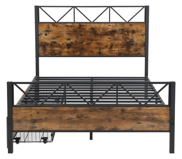 Minimalist Metal Double Bed with 2 Drawers, Sturdy Iron and MDF Frame, Storage Bed for Adults, Teenagers, 198L x 137W x 116H cm, Black+wood Aosom UK