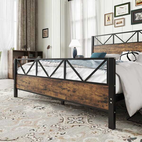 Minimalist Metal Double Bed with 2 Drawers, Sturdy Iron and MDF Frame, Storage Bed for Adults, Teenagers, 198L x 137W x 116H cm, Black+wood Aosom UK