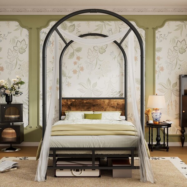 Canopy Bed Frame with Durable Iron and MDF Construction, Wooden Headboard, Easy Installation, Versatile for Various Bedroom Styles, Black Aosom UK