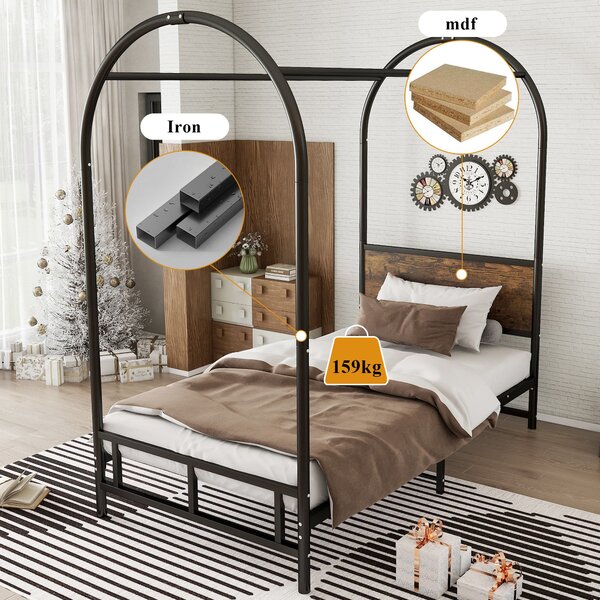 Canopy Bed Frame with Durable Iron and MDF Construction, Wooden Headboard, Easy Installation, Versatile for Various Bedroom Styles, Black Aosom UK