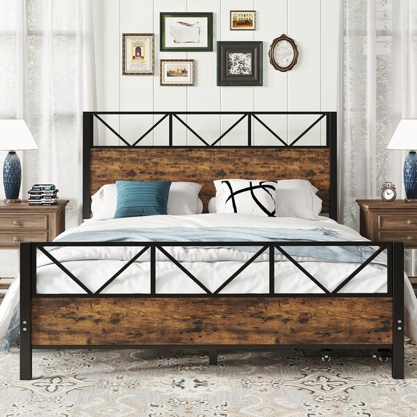 Minimalist Metal Double Bed with 2 Drawers, Sturdy Iron and MDF Frame, Storage Bed for Adults, Teenagers, 198L x 137W x 116H cm, Black+wood Aosom UK