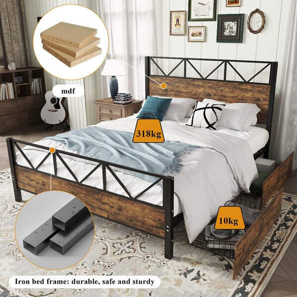 Minimalist Metal Double Bed with 2 Drawers, Sturdy Iron and MDF Frame, Storage Bed for Adults, Teenagers, 198L x 137W x 116H cm, Black+wood Aosom UK