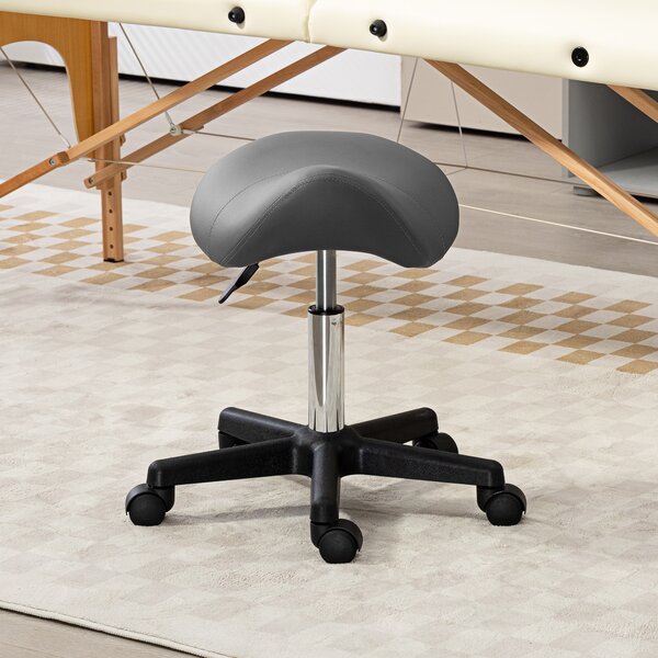 HOMCOM Saddle Stool, PU Leather Adjustable Rolling Salon Chair with Steel Frame for Massage, Spa, Beauty and Tattoo, Grey Aosom UK