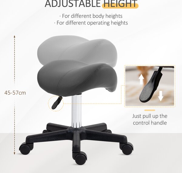HOMCOM Saddle Stool, PU Leather Adjustable Rolling Salon Chair with Steel Frame for Massage, Spa, Beauty and Tattoo, Grey Aosom UK