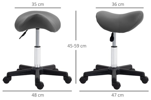 HOMCOM Saddle Stool, PU Leather Adjustable Rolling Salon Chair with Steel Frame for Massage, Spa, Beauty and Tattoo, Grey Aosom UK