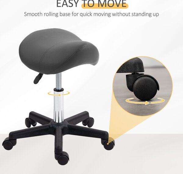 HOMCOM Saddle Stool, PU Leather Adjustable Rolling Salon Chair with Steel Frame for Massage, Spa, Beauty and Tattoo, Grey Aosom UK