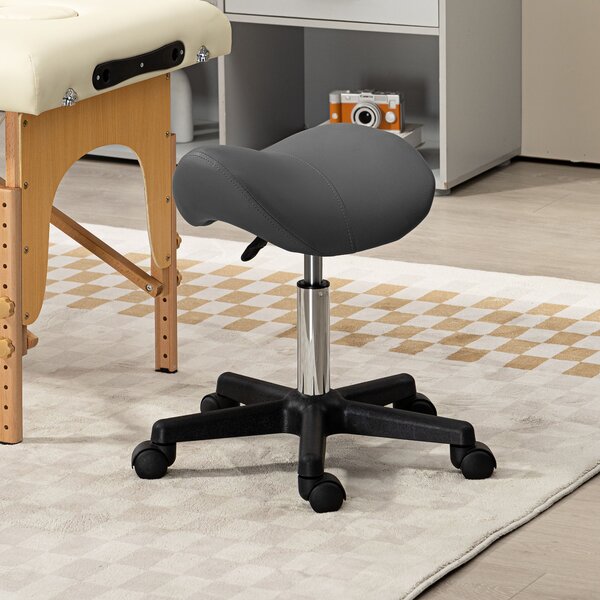 HOMCOM Saddle Stool, PU Leather Adjustable Rolling Salon Chair with Steel Frame for Massage, Spa, Beauty and Tattoo, Grey Aosom UK