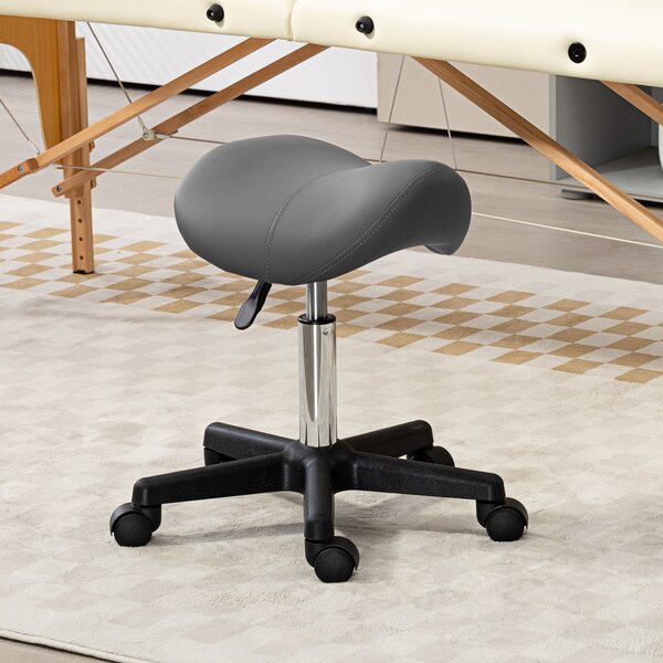 HOMCOM Saddle Stool, PU Leather Adjustable Rolling Salon Chair with Steel Frame for Massage, Spa, Beauty and Tattoo, Grey Aosom UK