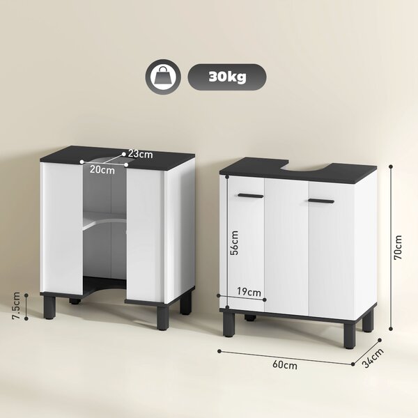 HOMCOM Under Sink Bathroom Cabinet, Modern Under Sink Cabinet with Adjustable Shelf for Basin with or without Pedestal, 60 x 34 x 70cm, White