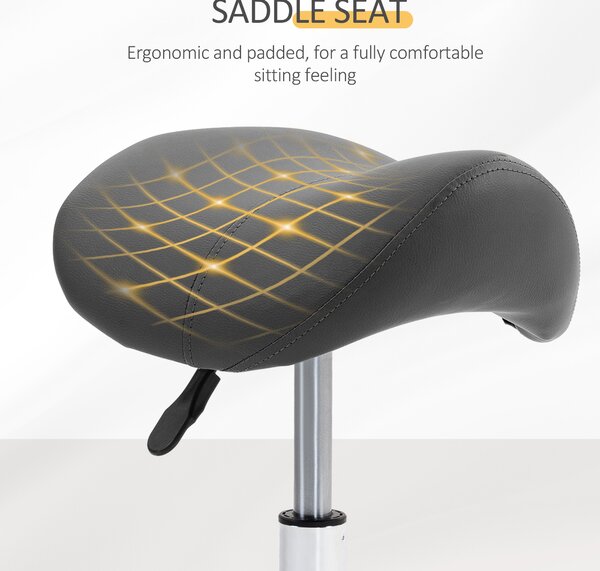 HOMCOM Saddle Stool, PU Leather Adjustable Rolling Salon Chair with Steel Frame for Massage, Spa, Beauty and Tattoo, Grey Aosom UK