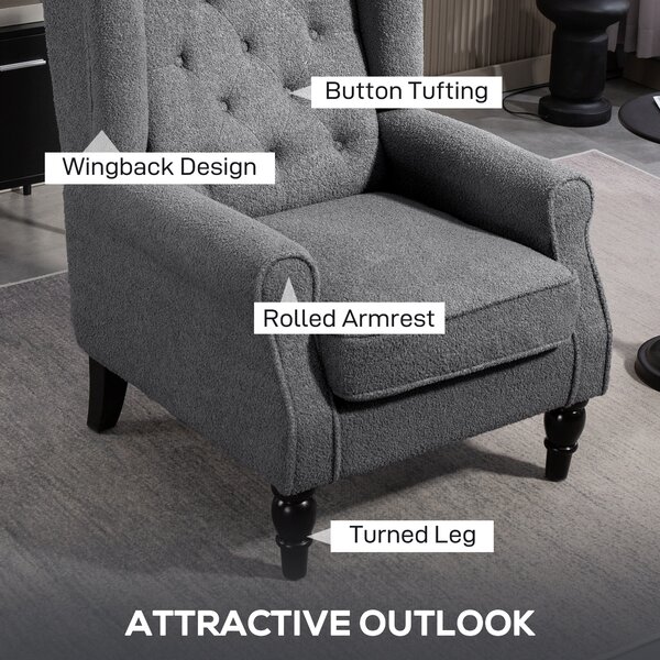 HOMCOM Wingback Accent Chair, Retro Upholstered Button Tufted Occasional Chair for Living Room and Bedroom, Charcoal Grey