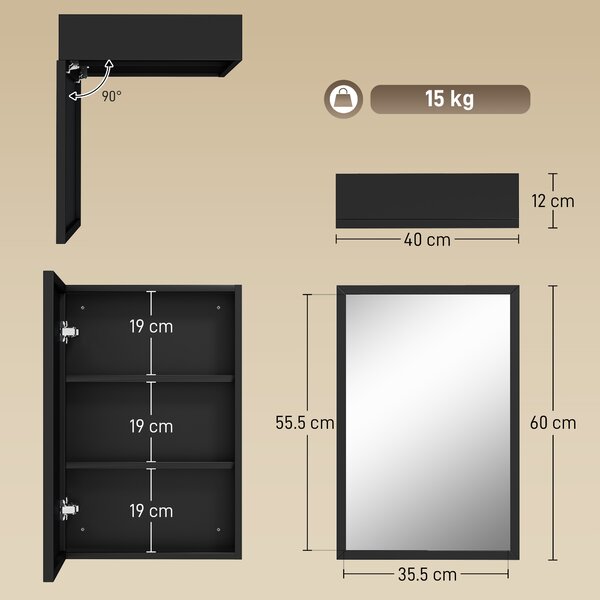 Kleankin Bathroom Cabinet with Mirror, Wall Mounted Bathroom Mirror Cabinet with Storage Shelves, 40 x 12 x 60 cm, Black