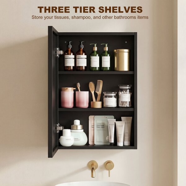 Kleankin Bathroom Cabinet with Mirror, Wall Mounted Bathroom Mirror Cabinet with Storage Shelves, 40 x 12 x 60 cm, Black