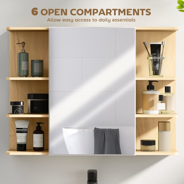 HOMCOM Bathroom Mirror Cabinet with Open Storage Shelves - Natural Wood Finish