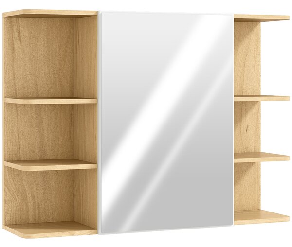 HOMCOM Bathroom Mirror Cabinet with Open Storage Shelves - Natural Wood Finish