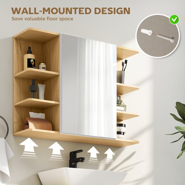 HOMCOM Bathroom Mirror Cabinet with Open Storage Shelves - Natural Wood Finish