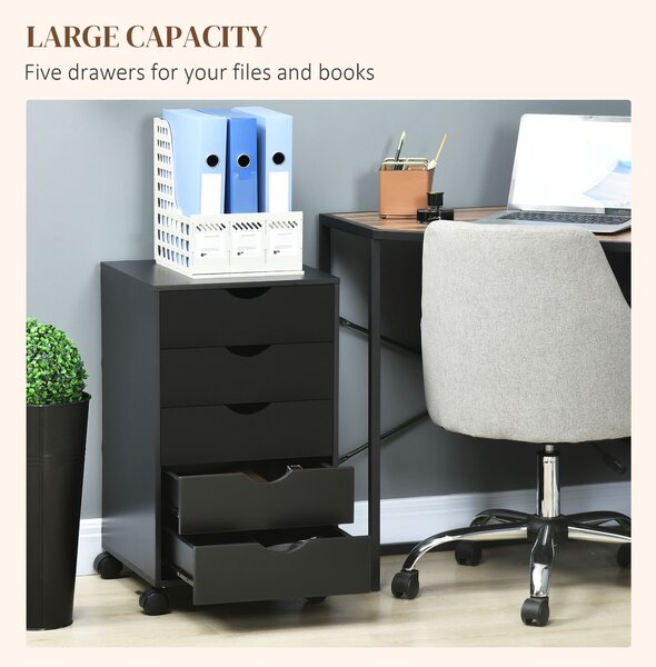 HOMCOM 5 Drawer Mobile Filing Cabinet, Vertical File Cabinet, Modern Rolling Printer Stand for Home Office, Black