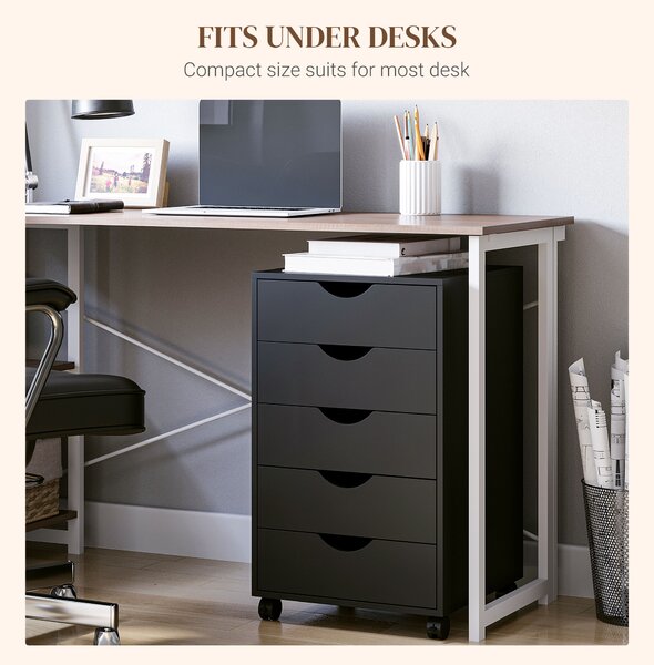 HOMCOM 5 Drawer Mobile Filing Cabinet, Vertical File Cabinet, Modern Rolling Printer Stand for Home Office, Black