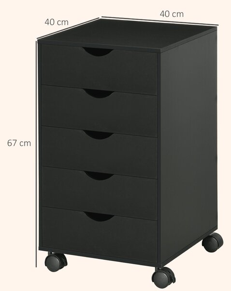 HOMCOM 5 Drawer Mobile Filing Cabinet, Vertical File Cabinet, Modern Rolling Printer Stand for Home Office, Black