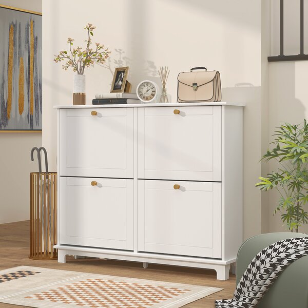 HOMCOM Narrow Shoe Storage Cabinet, Slim Shoe Cabinet with 4 Flip Drawers, Adjustable Shelves for 16 Pairs of Shoes, White