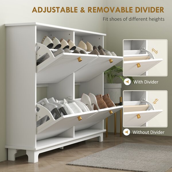 HOMCOM Narrow Shoe Storage Cabinet, Slim Shoe Cabinet with 4 Flip Drawers, Adjustable Shelves for 16 Pairs of Shoes, White