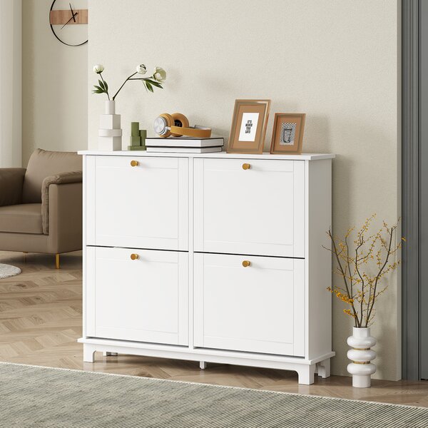 HOMCOM Narrow Shoe Storage Cabinet, Slim Shoe Cabinet with 4 Flip Drawers, Adjustable Shelves for 16 Pairs of Shoes, White
