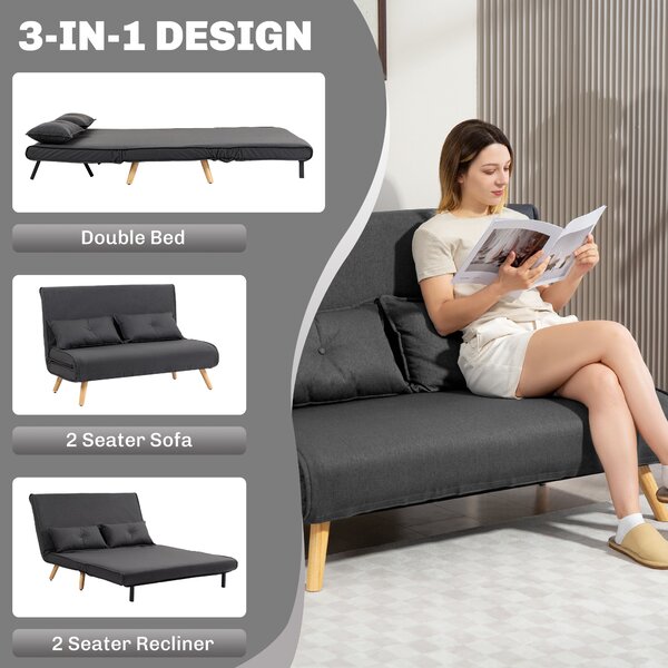 HOMCOM Two-Seater Linen-Look Sofa Bed w/ Cat Scratch Resistant Fabric, Charcoal Grey Aosom UK