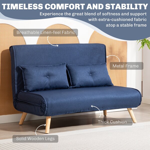 HOMCOM Two-Seater Linen-Look Sofa Bed w/ Cat Scratch Resistant Fabric, Dark Blue Aosom UK