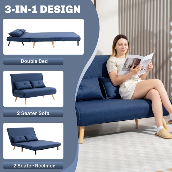 HOMCOM Two-Seater Linen-Look Sofa Bed w/ Cat Scratch Resistant Fabric, Dark Blue Aosom UK
