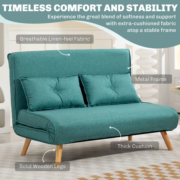 HOMCOM Two-Seater Linen-Look Sofa Bed with Scratch-Resistant Treatment, Green Aosom UK