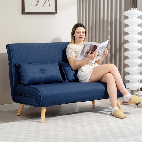 HOMCOM Two-Seater Linen-Look Sofa Bed w/ Cat Scratch Resistant Fabric, Dark Blue Aosom UK