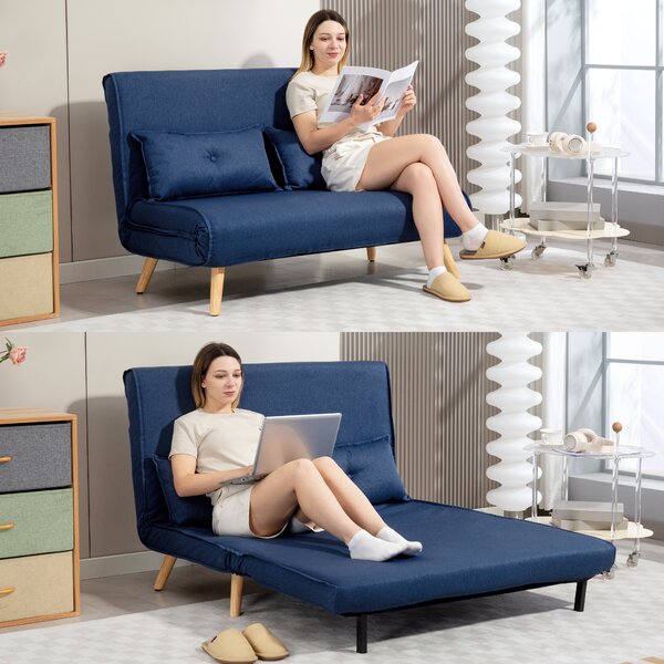 HOMCOM Two-Seater Linen-Look Sofa Bed w/ Cat Scratch Resistant Fabric, Dark Blue Aosom UK